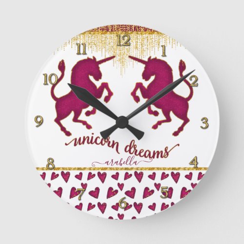 Unicorn Dreams w Hearts Pink Name Girls Nursery Round Clock