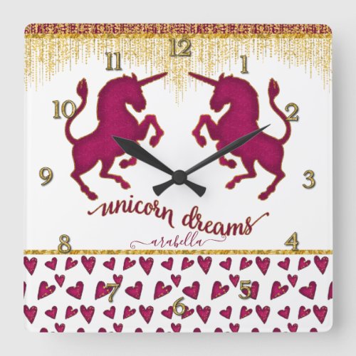 Unicorn Dreams w Hearts Pink Name Girls Room Decor Square Wall Clock