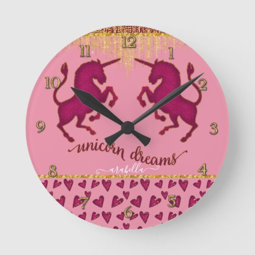 Unicorn Dreams w Pink Hearts Name Girls Room Decor Round Clock