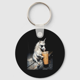 Unicorn drinking iced coffee funny animal meme men keychain