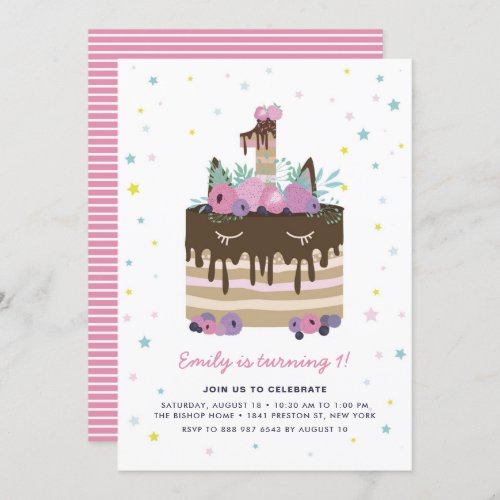 Unicorn Drip Cake 1st Birthday Party Invitation