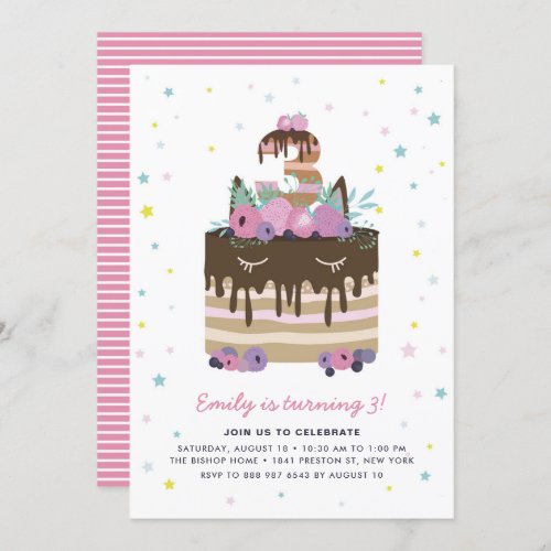 Unicorn Drip Cake 3rd Birthday Party Invitation