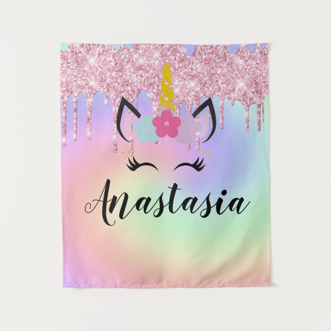 Unicorn Drip Glitter Personalized Ombre Tapestry (Front)