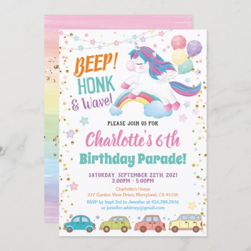 Unicorn Drive Through Girl Birthday Parade Invitation