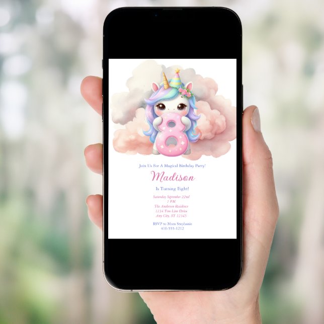 Unicorn Eight 8th Pink Blue Purple Girl Birthday  Invitation (Front Digital)