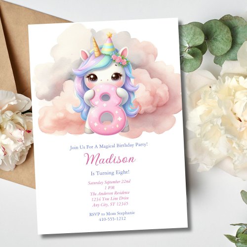 Unicorn Eight 8th Pink Blue Purple Girl Birthday  Invitation