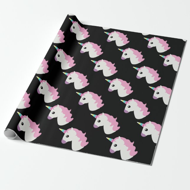 Unicorn Emoji (black background) Wrapping Paper (Unrolled)