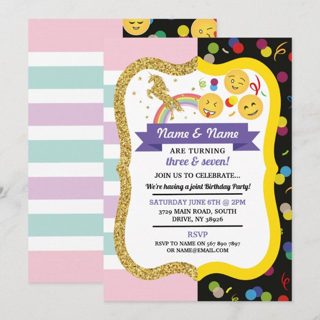 Unicorn & Emoji Boy Girl Shared Birthday Twins Fun Invitation (Front/Back)