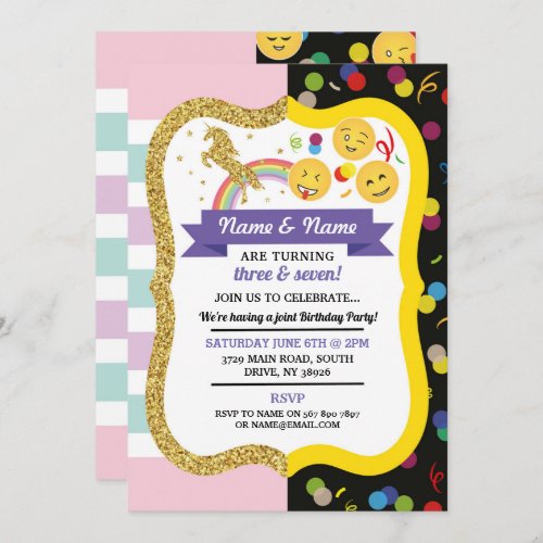 Unicorn  Emoji Boy Girl Shared Birthday Twins Fun Invitation