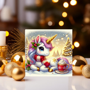 Unicorn Enjoying Hot Cocoa in the Snow Holiday Card