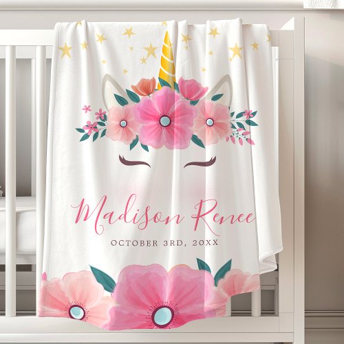 Unicorn Eyelashes Floral Personalized Baby Girl Baby Blanket