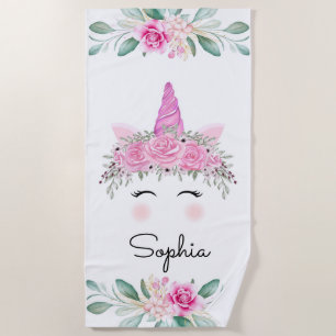 Unicorn Face and Flowers  Beach Towel