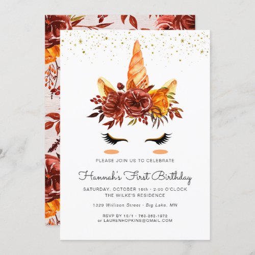 Unicorn Face Autumn Floral Birthday Invitation