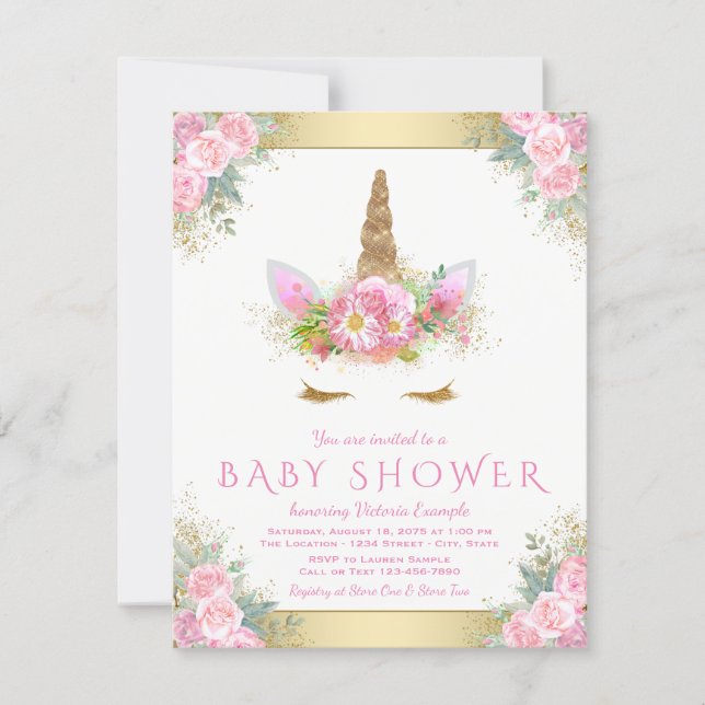 Unicorn Face Baby Girl Shower Invitations (Front)