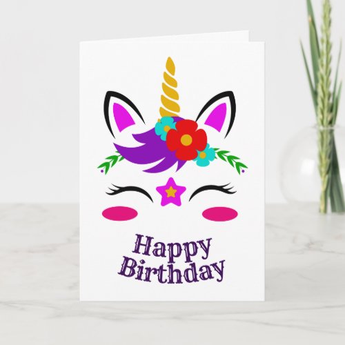 Unicorn Face Birthday Red and Blue Floral ZKOA Card