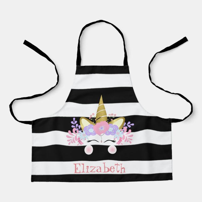 Unicorn Face Black Stripes Personalized Apron (Front)