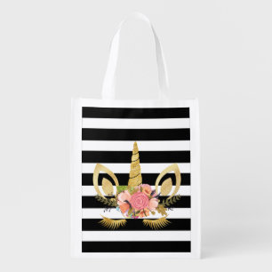 Unicorn Face , Black, White Stripes Grocery Bag