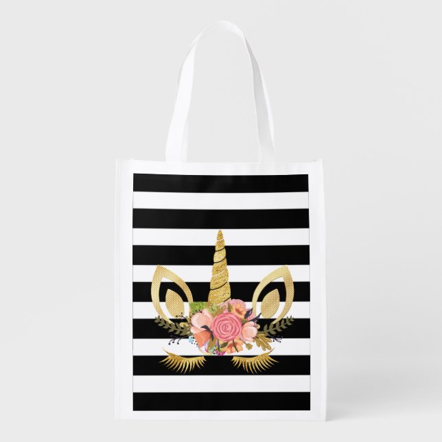 Unicorn Face , Black, White Stripes Grocery Bag (Front)
