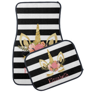 Unicorn Face , Black, White Stripes Personalized Car Floor Mat