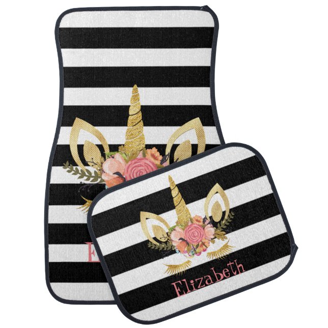 Unicorn Face , Black, White Stripes Personalized Car Floor Mat (Set)