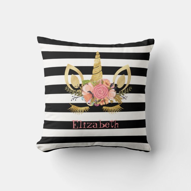 unicorn Face , Black, White Stripes Personalized Throw Pillow (Front)