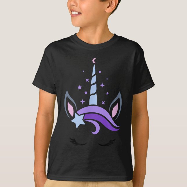 Unicorn Face Eyelashes Celestial Moon Star Boho Lu T-Shirt (Front)