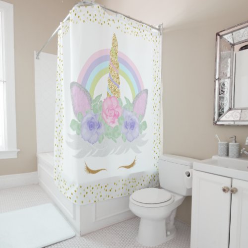 Unicorn Face Eyelashes Rainbow Girls Bathroom Shower Curtain
