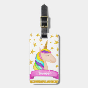 Unicorn Face Faux Gold Glitter Stars Girly Luggage Tag
