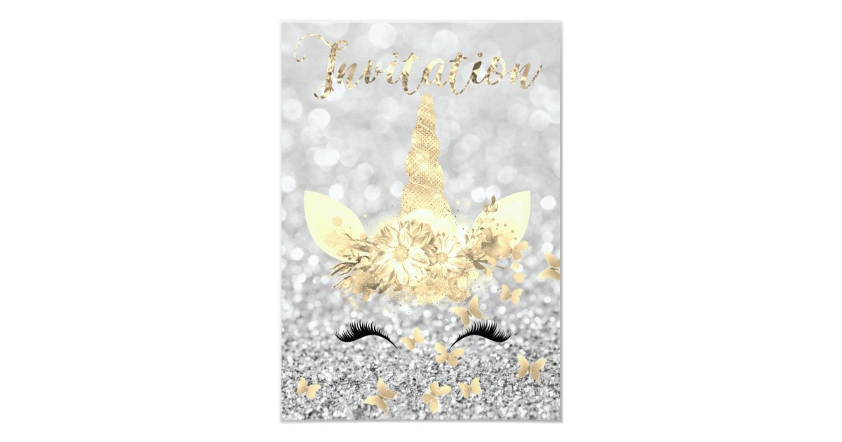 Unicorn Face Faux Gold Silver Gray Glitter Lashes Invitation Zazzle