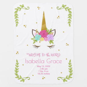 Unicorn Face Floral Birth Stats Receiving Blanket