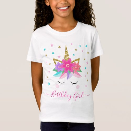 Unicorn Face Floral Birthday Girl T_Shirt