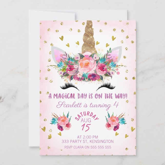 Unicorn Face Floral Birthday Invitation (Front)