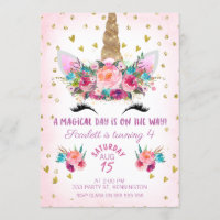 Unicorn Face Floral Birthday Invitation