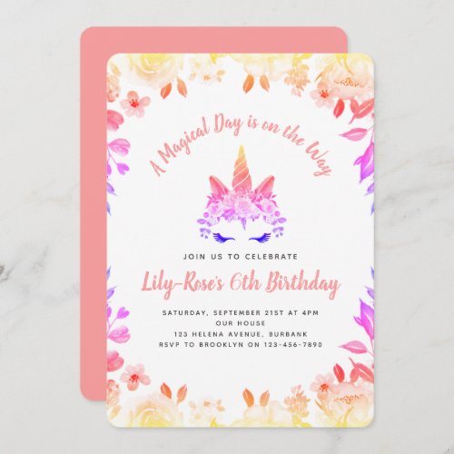 Unicorn Face Floral Birthday Invitation