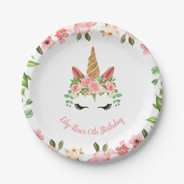 Unicorn Face Floral Birthday Paper Plates (Front)