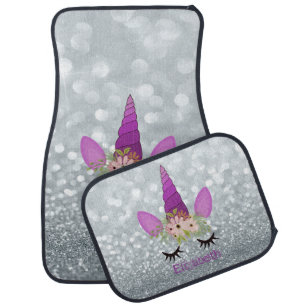 Unicorn Face, Floral Crown, Silver Glitter Bokeh Car Floor Mat