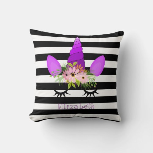 Unicorn Face  Floral Crown Stripes Personalized Throw Pillow