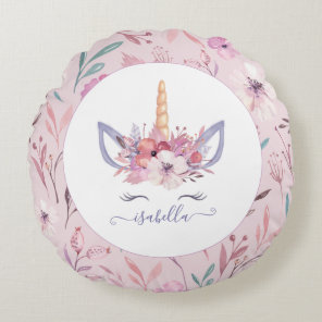 Unicorn face floral watercolor design round pillow