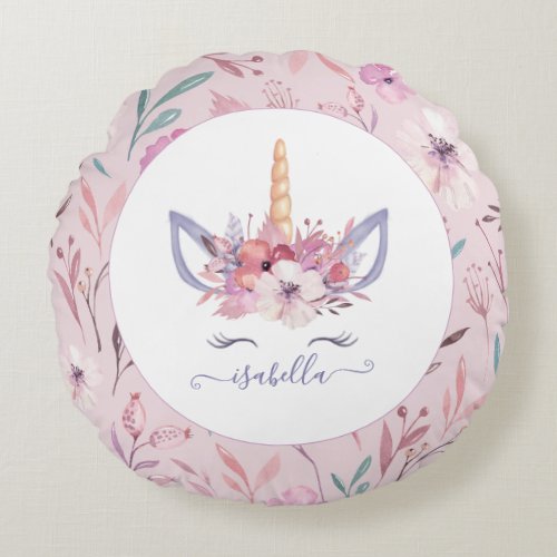 Unicorn face floral watercolor design round pillow