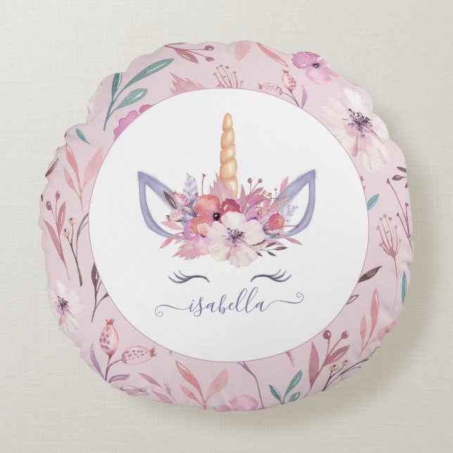 Unicorn face floral watercolor design round pillow (Front)