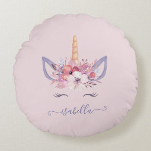 Unicorn face floral watercolor design round pillow