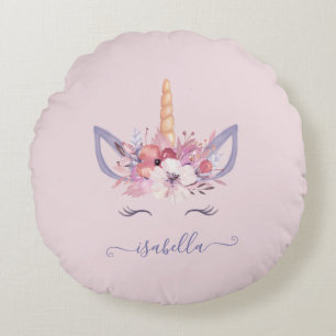 Unicorn face floral watercolor design round pillow