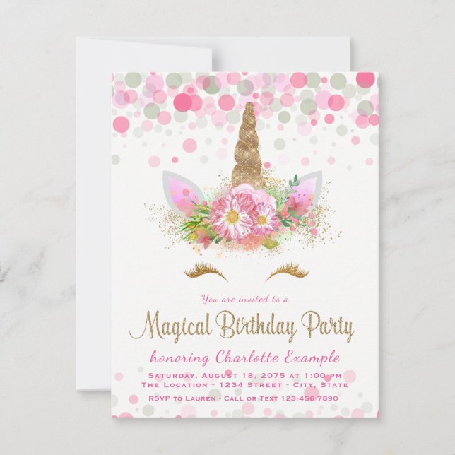 Unicorn Face Girl Birthday Party Invitations (Front)