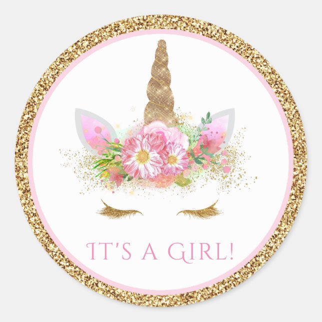 Unicorn Face Girls Unicorn Baby Shower Stickers (Front)
