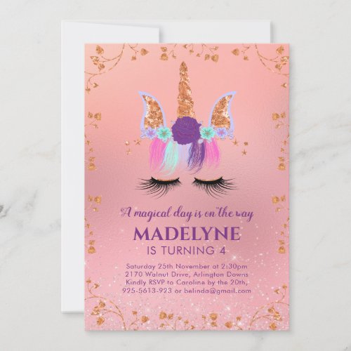 Unicorn Face Girly Glitter Pink Birthday Invitation