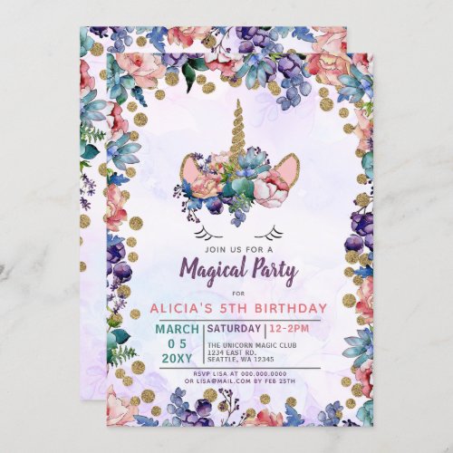 Unicorn Face Glitter Floral Birthday Invitation