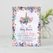 Unicorn Face Glitter Floral Girl Baby Shower Invitation (Standing Front)