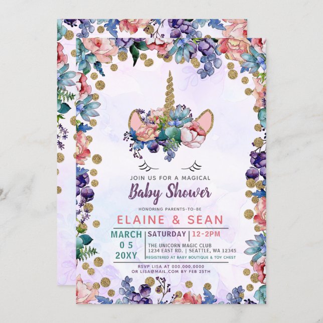 Unicorn Face Glitter Floral Girl Baby Shower Invitation (Front/Back)