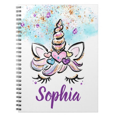 Unicorn Face Glitter Pink and Purple Magical Girls Notebook