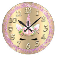 Unicorn Face Gold Crystal Girly Glitter Spark Pink Large Clock